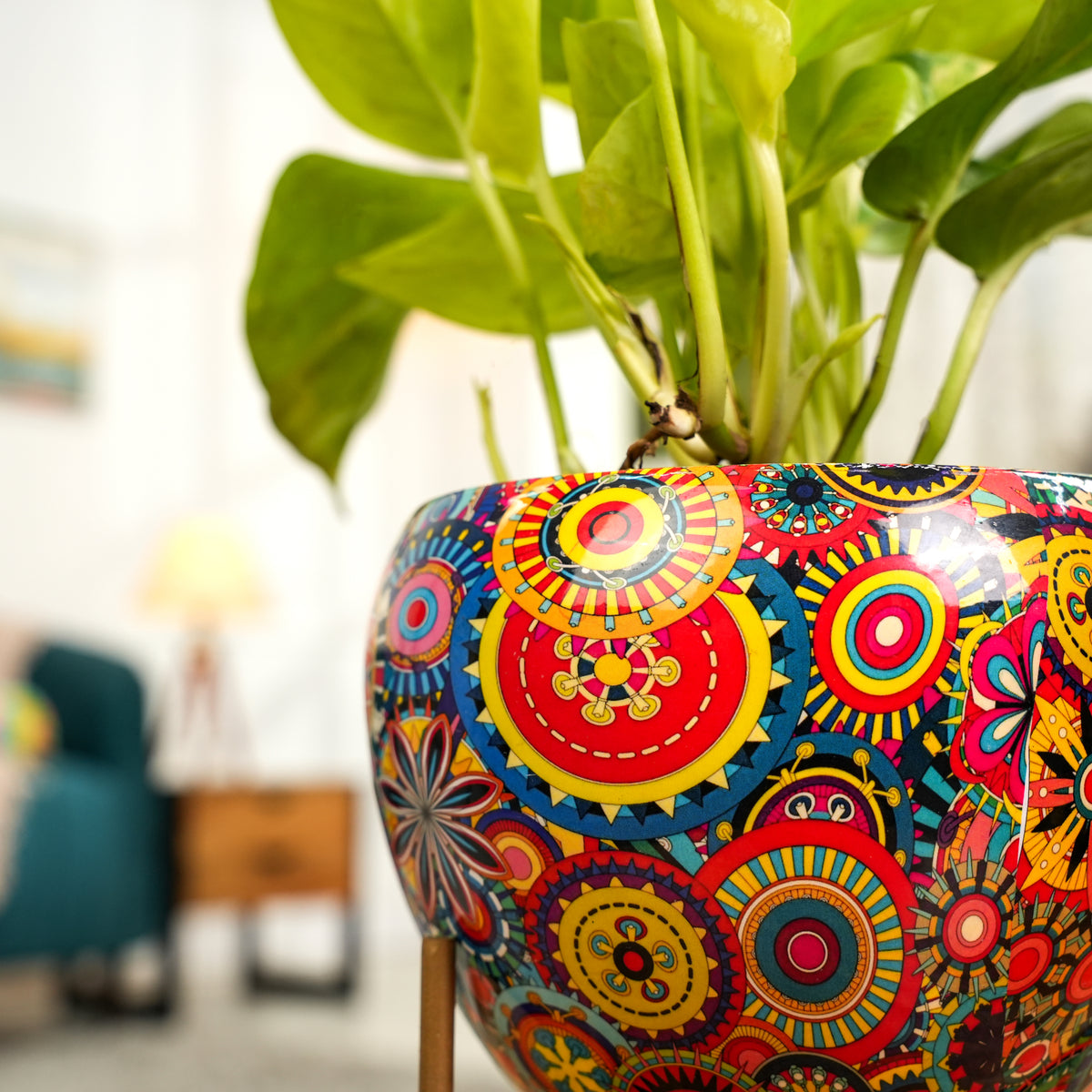 Rainbow Mandala Printed Metal Pot with stand- 5 inches