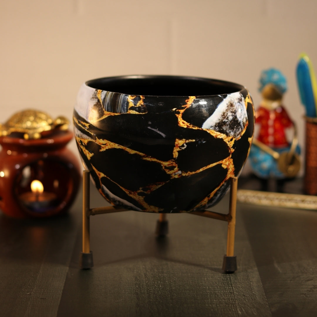 Black Gold Marble Printed Metal Pot with stand- 5 inches