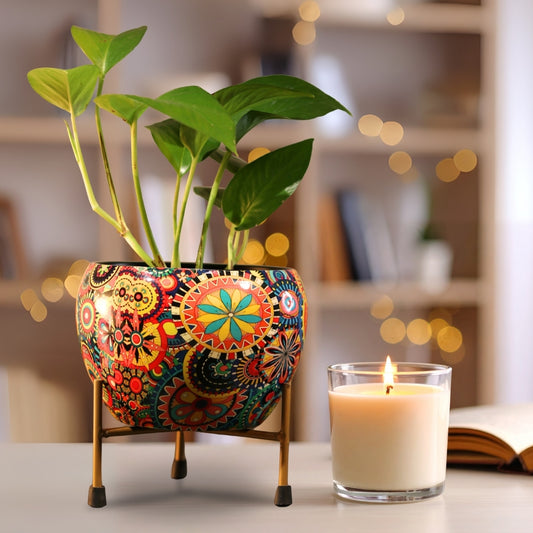 Rainbow Mandala Printed Metal Pot with stand- 5 inches