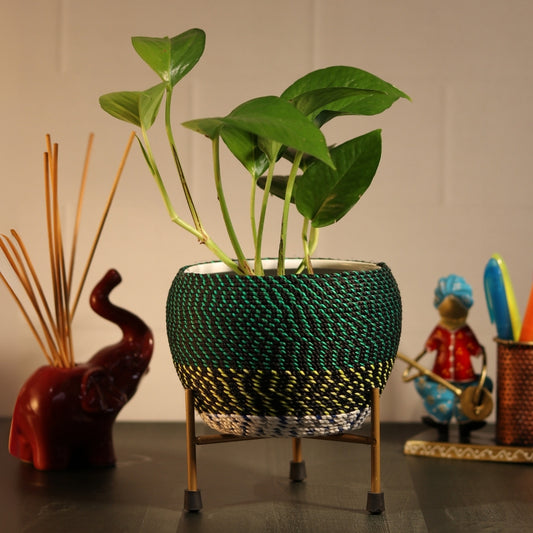 Green Thread Woven Metal Pot with stand- 5.9 inches (Only Pot)
