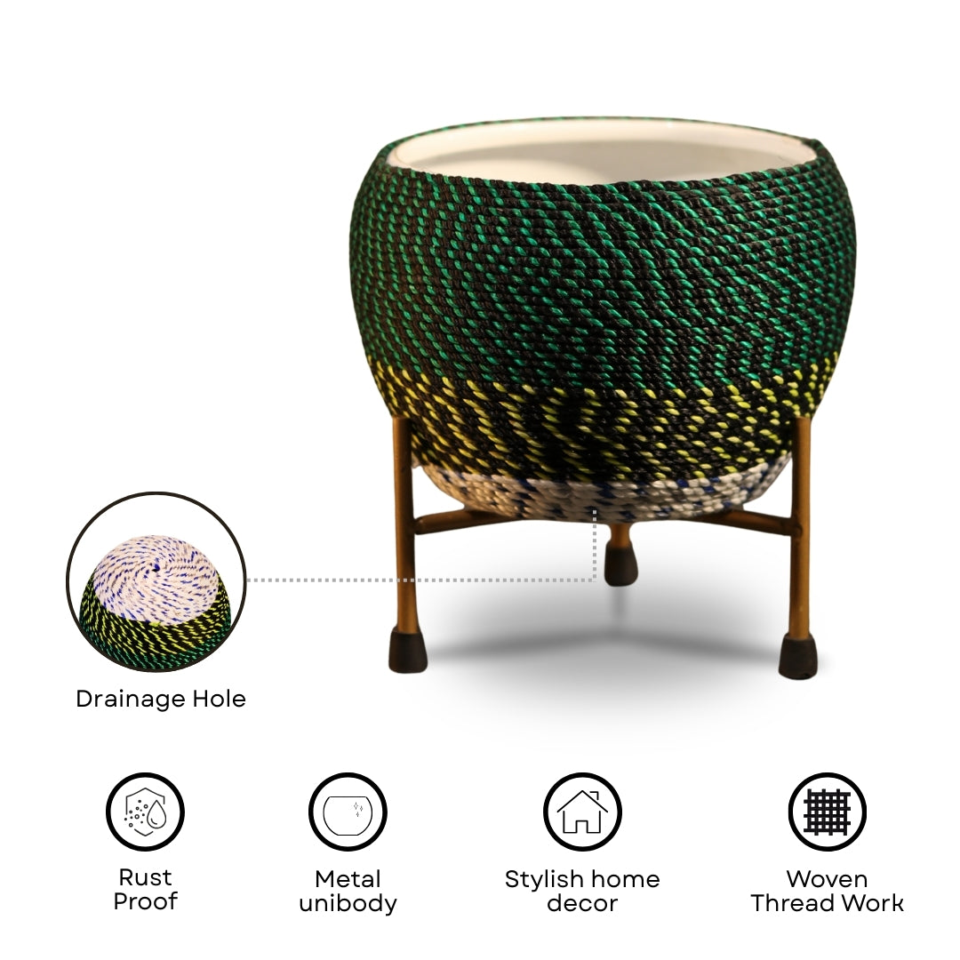 Green Thread Woven Metal Pot with stand- 5.9 inches (Only Pot)