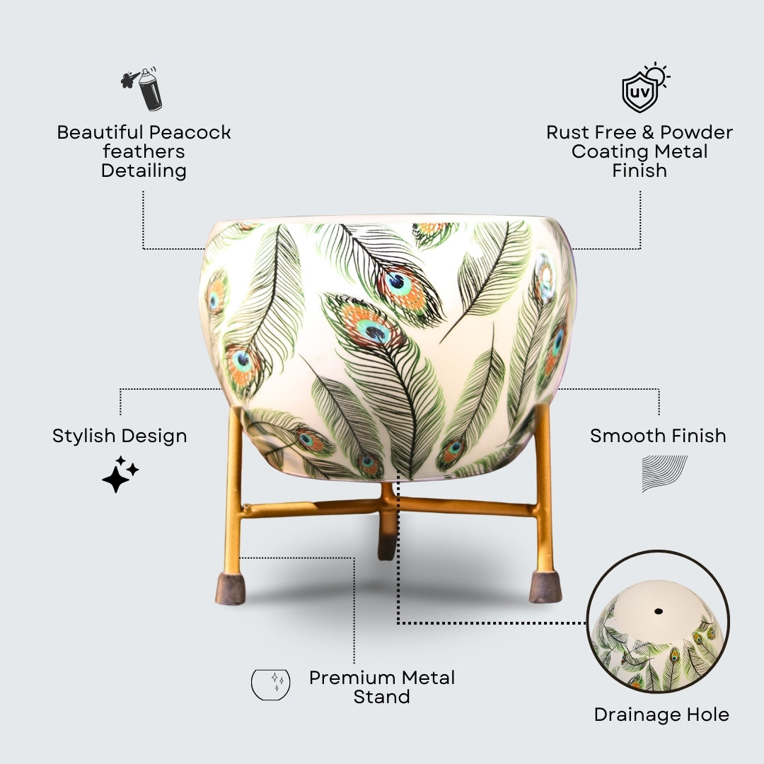 Peacock White Printed Metal Pot with stand- 5 inches (Only Pot)