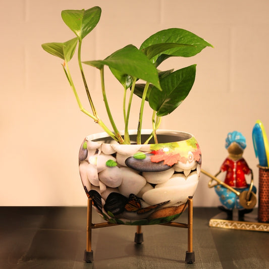 Stone Printed Metal Pot with stand- 5 inches (Only Pot)