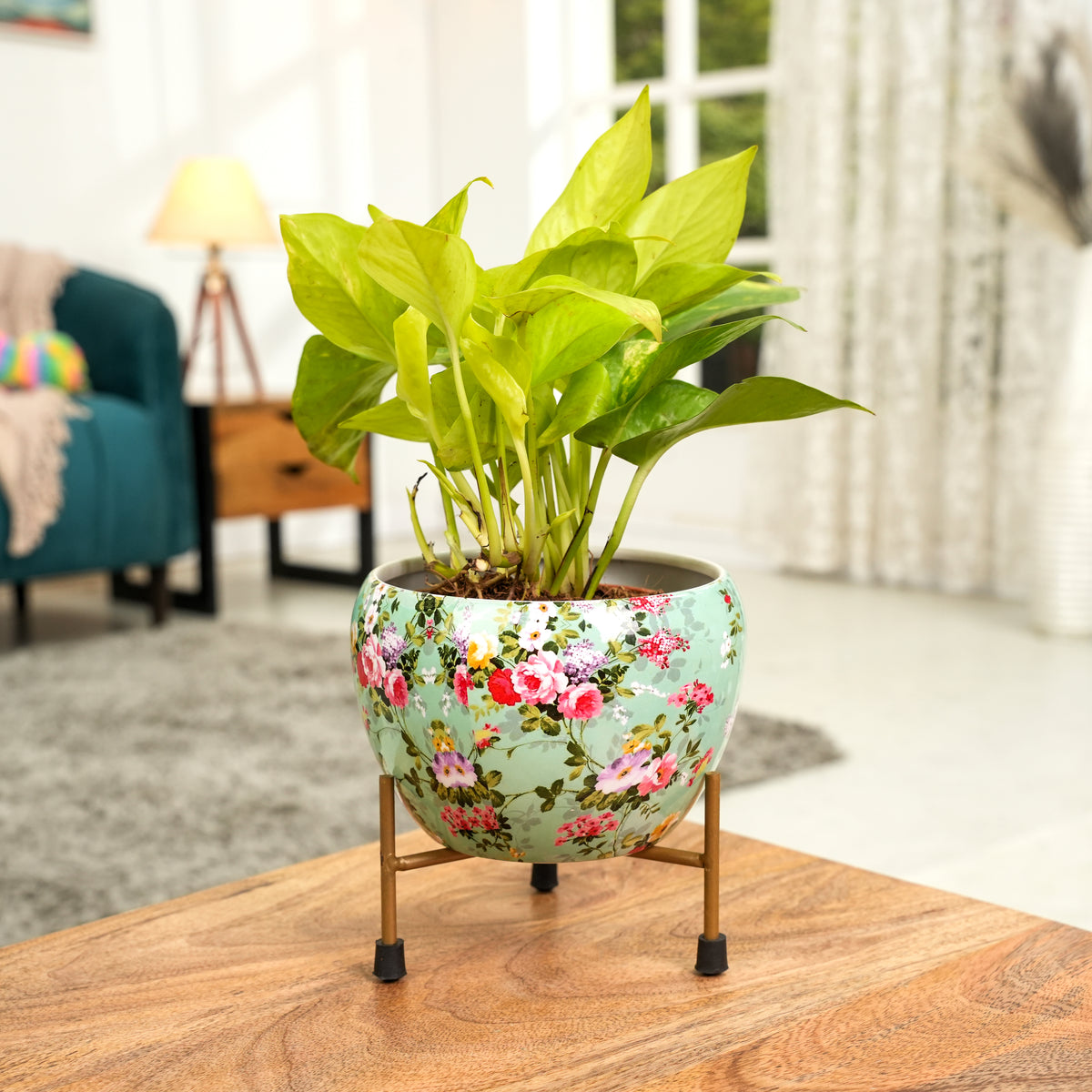 Elegant Blue Printed Metal Pot with stand- 5 inches