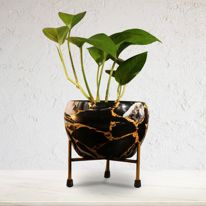 Black Gold Marble  Printed Metal Pot with stand- 5 inches