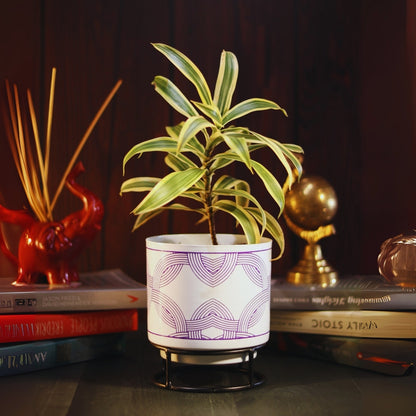 White Leaf Print Metal Pot with stand- 5 inch (Only Pot)