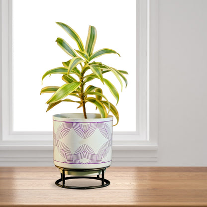 Metal Pot White with Round Stand Leaf Design for Indoor Outdoor Use, Rust-Free & Powder Coated - Pot Size: 13 x 13 cm