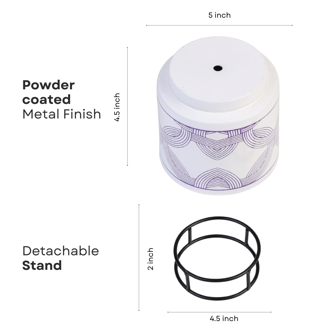 White Leaf Print Metal Pot with stand- 5 inch (Only Pot)